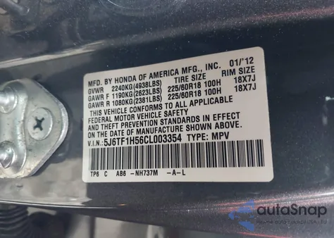 2012 Honda Crosstour Ex-L z USA, uszkodzony, nr VIN 5J6TF1H56CL003354